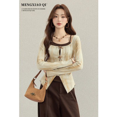 Chic Retro Long-Sleeve Top: Women's Autumn Color Block Pullover Design Thumbnail 3