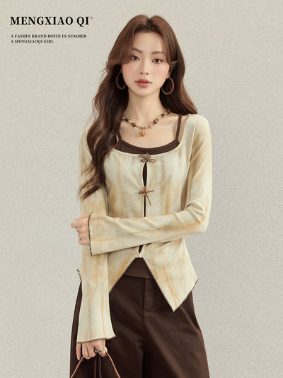 Chic Retro Long-Sleeve Top: Women's Autumn Color Block Pullover Design Thumbnail 1