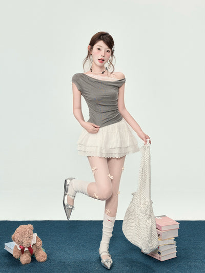 Elegant Women's Off-Shoulder Lace T-Shirt, Summer Side Shoulder Swinging Collar Top Thumbnail 4