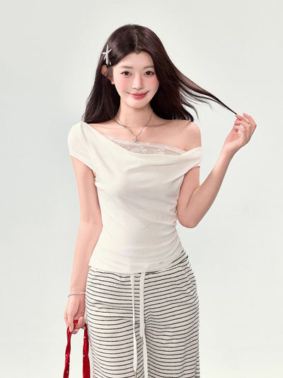 Elegant Women's Off-Shoulder Lace T-Shirt, Summer Side Shoulder Swinging Collar Top Thumbnail 7