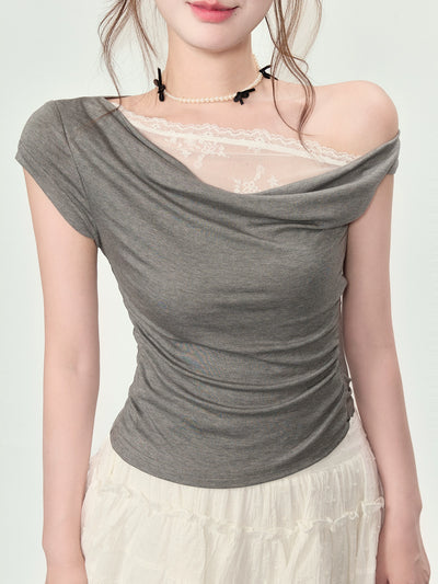 Elegant Women's Off-Shoulder Lace T-Shirt, Summer Side Shoulder Swinging Collar Top Thumbnail 3