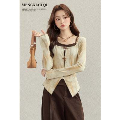 Chic Retro Long-Sleeve Top: Women's Autumn Color Block Pullover Design Thumbnail 5