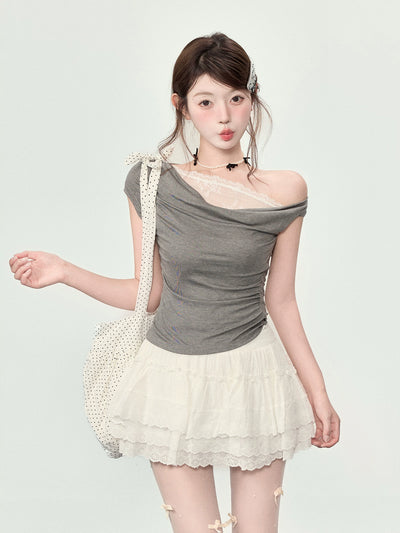 Elegant Women's Off-Shoulder Lace T-Shirt, Summer Side Shoulder Swinging Collar Top Thumbnail 2