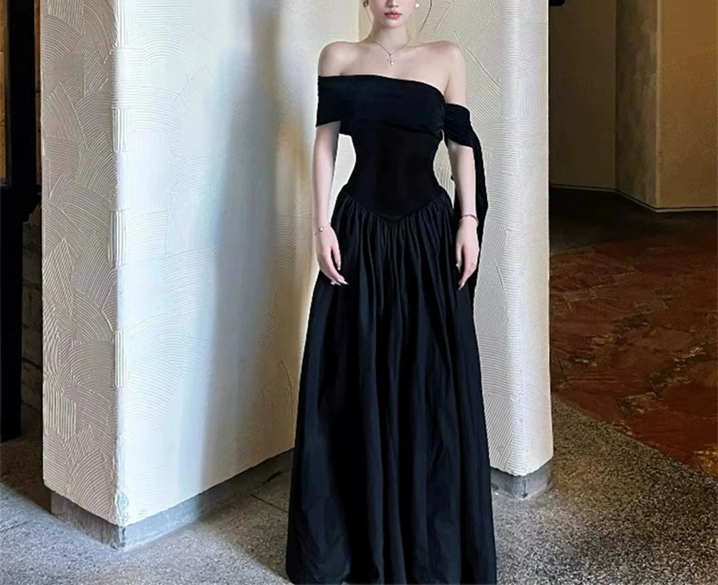 French Style Off Shoulder High Waist Slimming A-Line Maxi Dress DACCI French Style Off Shoulder High Waist Slimming A-Line Maxi Dress DACCI