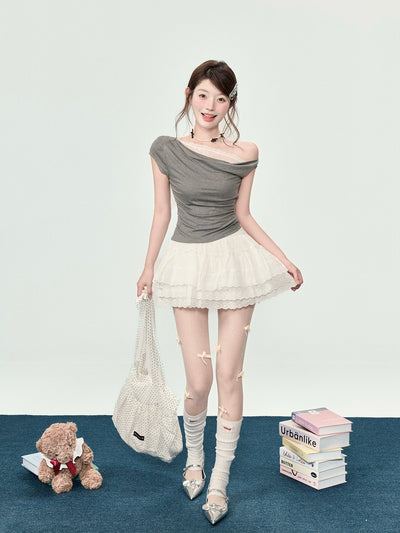 Elegant Women's Off-Shoulder Lace T-Shirt, Summer Side Shoulder Swinging Collar Top Thumbnail 5
