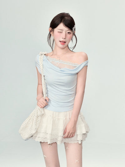 Elegant Women's Off-Shoulder Lace T-Shirt, Summer Side Shoulder Swinging Collar Top Thumbnail 8