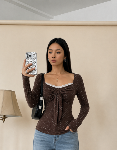 Retro Floral Lace Long Sleeve Square Neck Top Slim Fit Chic Style