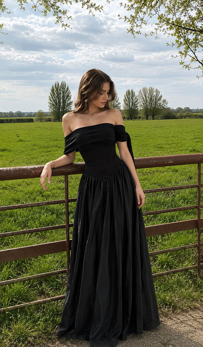 French Style Off Shoulder High Waist Slimming A-Line Maxi Dress
