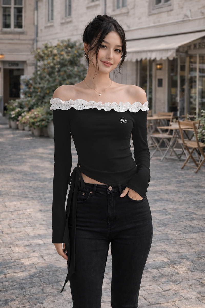 Women Off Shoulder Long Sleeve Crop T-Shirt Slim Fit Sexy Cut Out Shoulder Top Wave Dot Print Autumn Casual Streetwear Tee