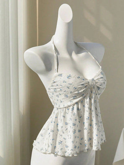 Sweet Floral Tie-Strap Vest Top with Built-In Cups Slim Fit Sleeveless Style Thumbnail 5