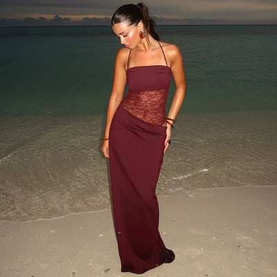 Elegant Lace Off-Shoulder Slim Fit Side Slit Maxi Dress