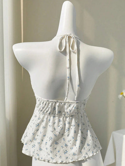 Sweet Floral Tie-Strap Vest Top with Built-In Cups Slim Fit Sleeveless Style Thumbnail 3