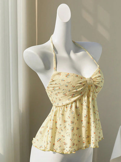 Sweet Floral Tie-Strap Vest Top with Built-In Cups Slim Fit Sleeveless Style Thumbnail 6