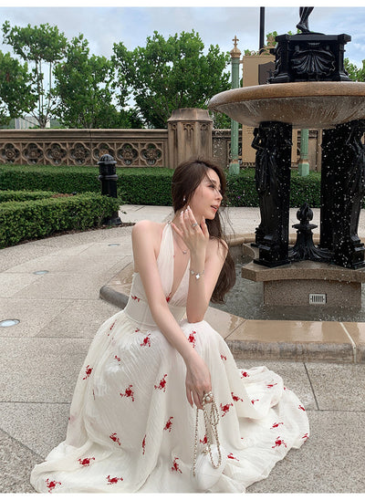 French Style Backless Floral Summer Dress with V-Neck Halter