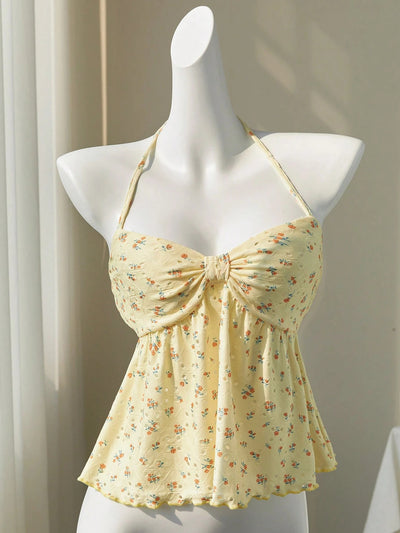 Sweet Floral Tie-Strap Vest Top with Built-In Cups Slim Fit Sleeveless Style Thumbnail 7