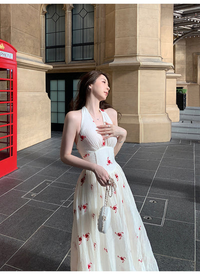 French Style Backless Floral Summer Dress with V-Neck Halter Thumbnail 2