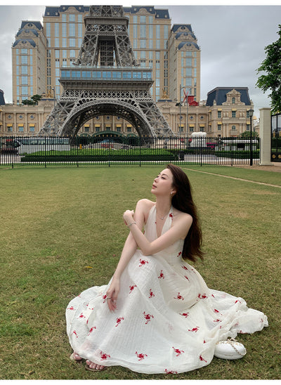 French Style Backless Floral Summer Dress with V-Neck Halter Thumbnail 5