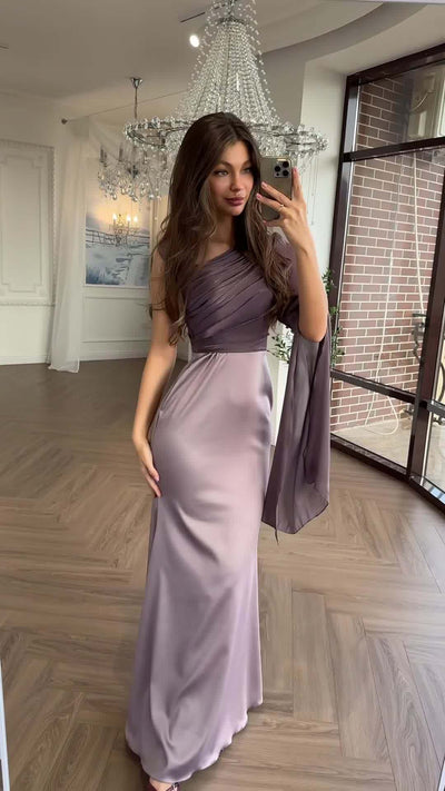 Elegant One Shoulder Long Sleeve Silky Fishtail Maxi Dress Thumbnail 8