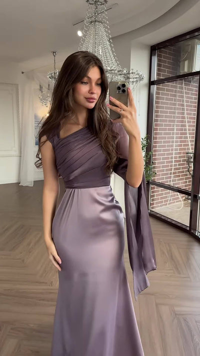 Elegant One Shoulder Long Sleeve Silky Fishtail Maxi Dress Thumbnail 7