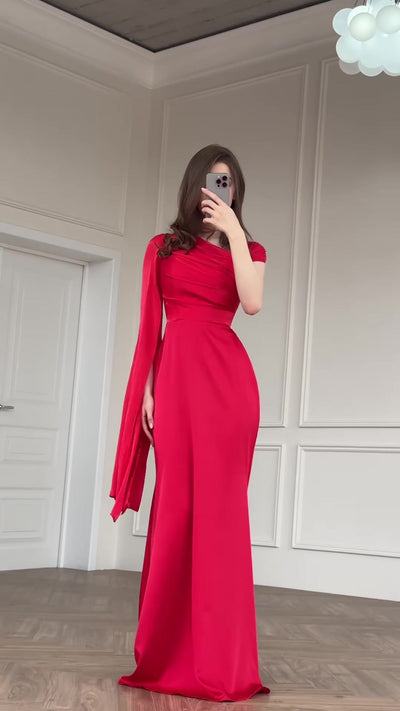 Elegant One Shoulder Long Sleeve Silky Fishtail Maxi Dress Thumbnail 5