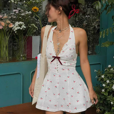 French Style Cherry Print V-Neck Halter A-Line Backless Dress