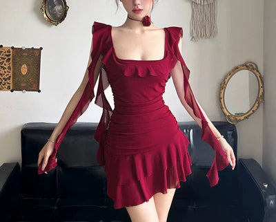 AOMR Red Ruffled Mesh Pleated Slip Dress with Streamers