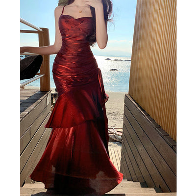 Elegant Ruffle Mermaid Red Evening Dress With Built-in Breast Pads Thumbnail 2