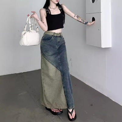 High Waist A Line Denim Skirt Mid Length Retro Casual Fashion for Women Thumbnail 4