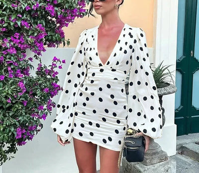 Polka Dot V-Neck Horn Sleeve Slim Mini Dress Thumbnail 3