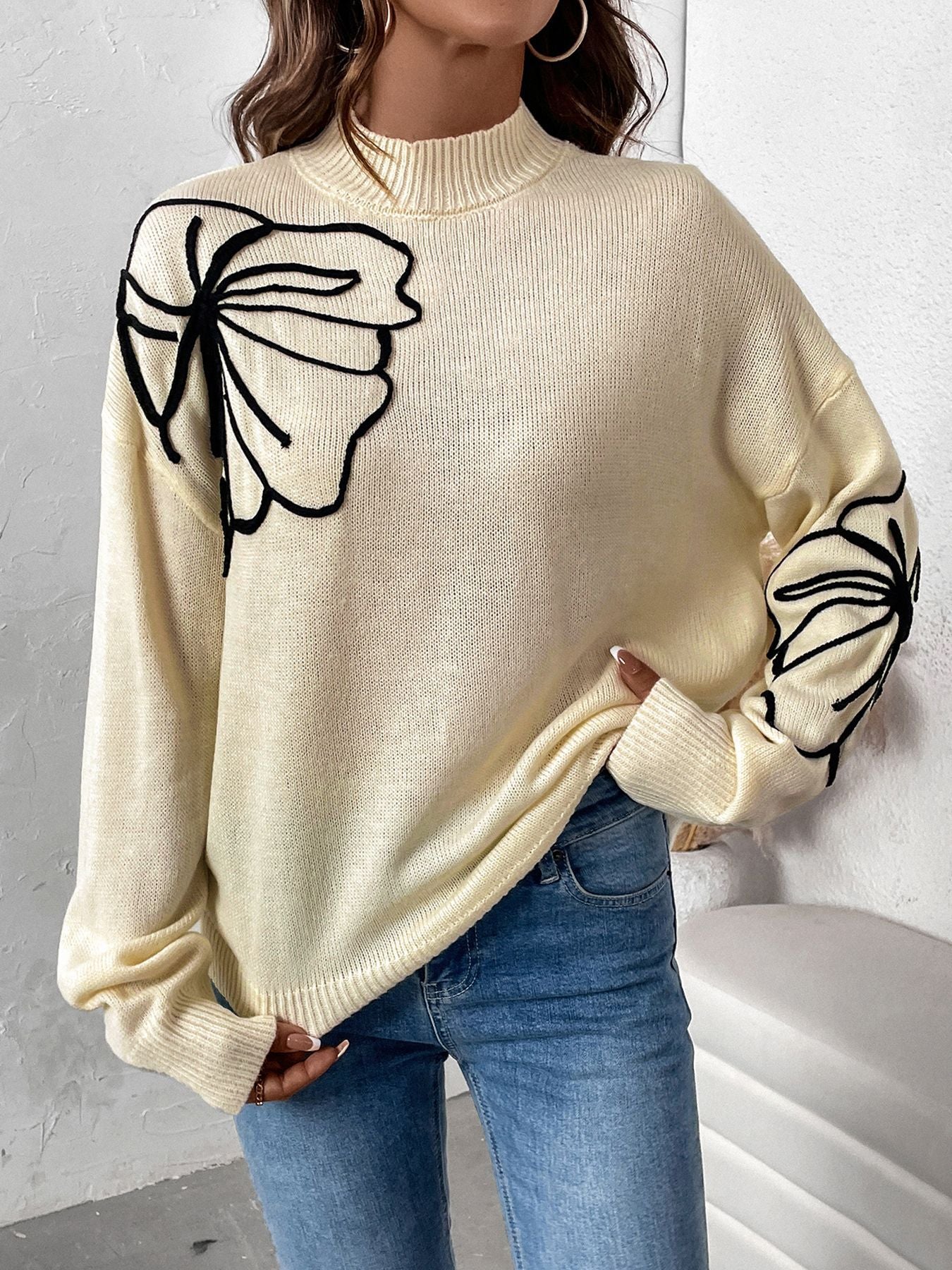 Apricot Floral Acrylic High-Collar Pullover Sweater for Women
