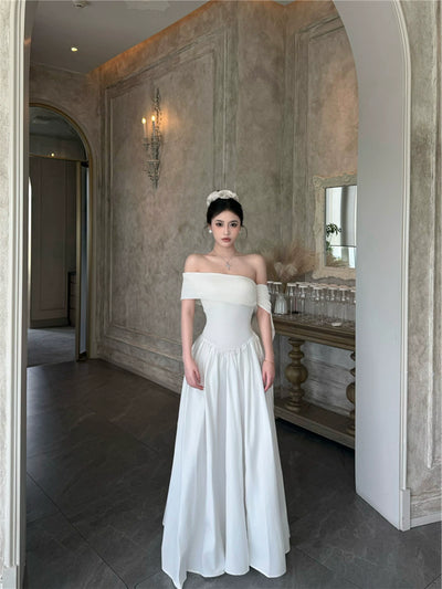 French Style Off Shoulder High Waist Slimming A-Line Maxi Dress Thumbnail 2