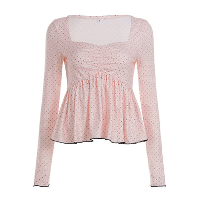 Vintage Dot Pattern Smock Style Shirt Square Collar Long Sleeve Fashion Top Thumbnail 6