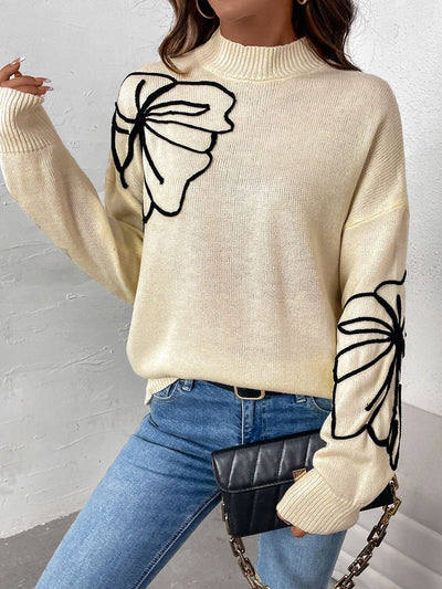Apricot Floral Acrylic High-Collar Pullover Sweater for Women Thumbnail 2