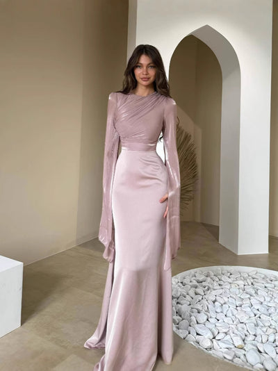 Elegant Bat Sleeve High Waist Slim Fit Autumn Maxi Dress Thumbnail 7