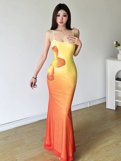 Sunset Orange Gradient Floral Design summer Slip Dress Women Thumbnail 4