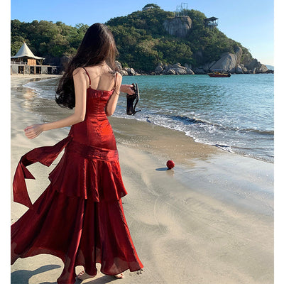 Elegant Ruffle Mermaid Red Evening Dress With Built-in Breast Pads Thumbnail 4