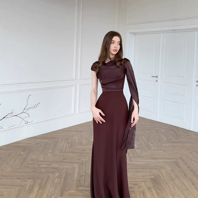 Elegant One Shoulder Long Sleeve Silky Fishtail Maxi Dress Thumbnail 3