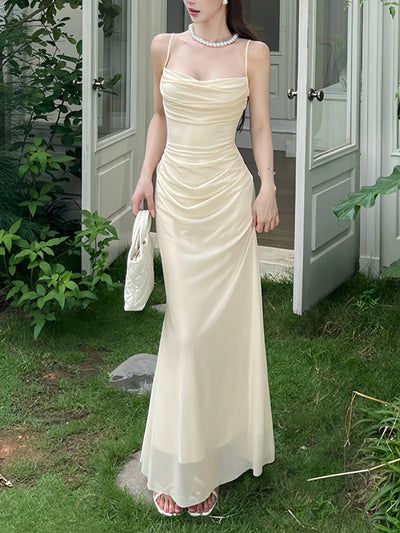 Elegant Apricot Cowl Neck Mesh Patchwork Slim Fit Maxi Dress