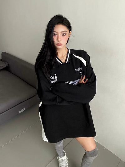 Oversized V Neck Sports Sweatshirt Trendy Casual Fashion Street Style Top Thumbnail 2