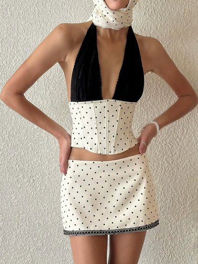 Sisjuly French Style Lace V-Neck Vest Polka Dot Skirt Set