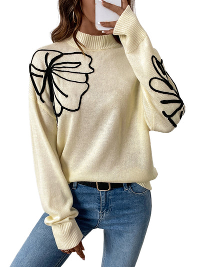 Apricot Floral Acrylic High-Collar Pullover Sweater for Women Thumbnail 5