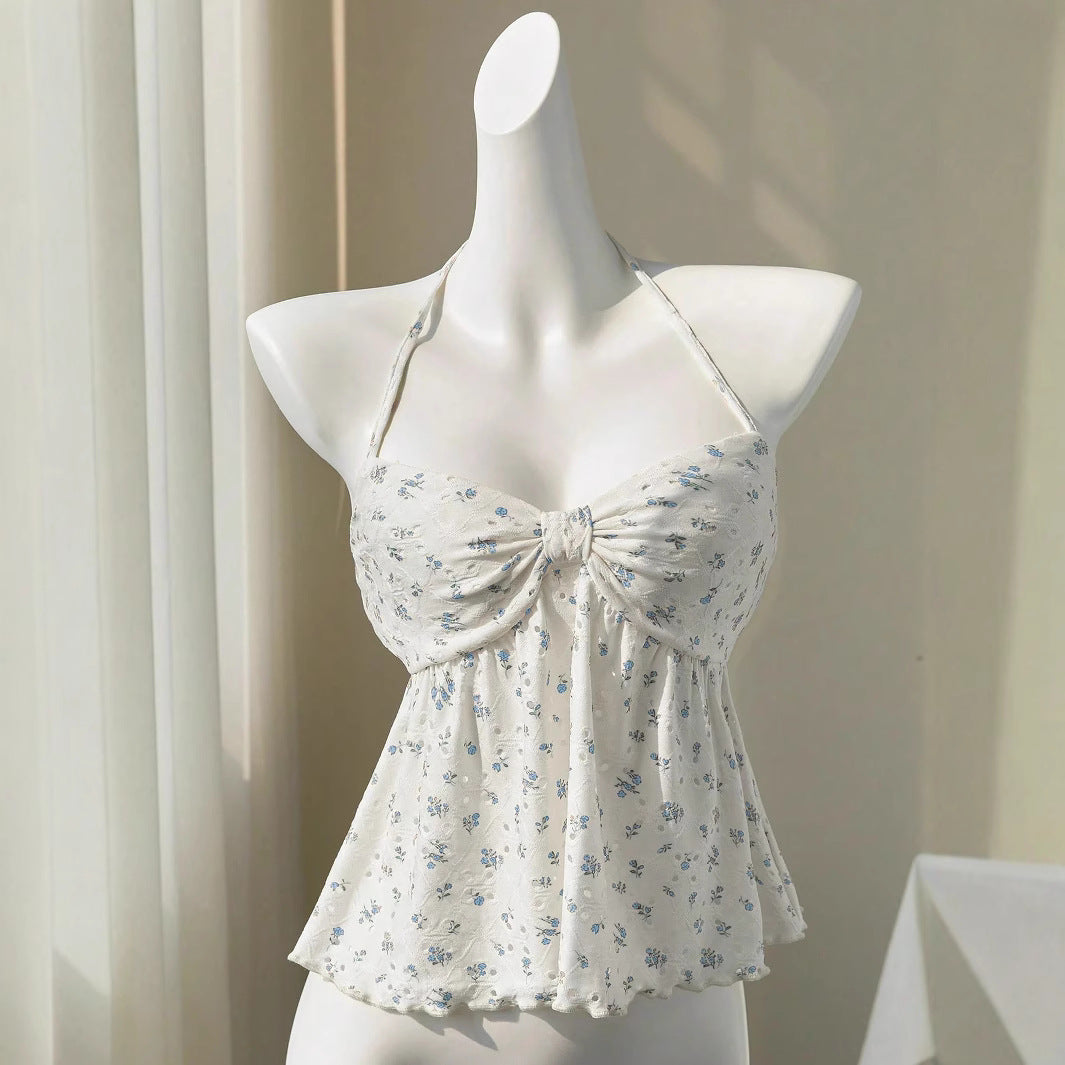 Sweet Floral Tie-Strap Vest Top with Built-In Cups Slim Fit Sleeveless Style