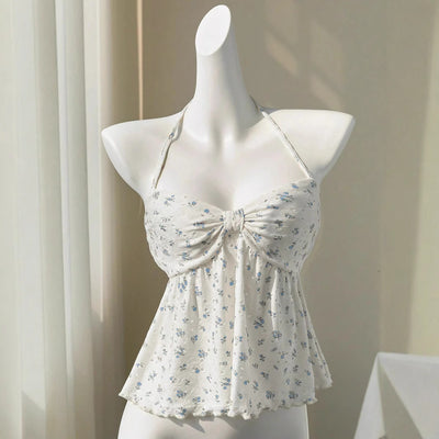 Japanese Sweet Floral Print Tie-Strap Vest Top with Cups for Summer