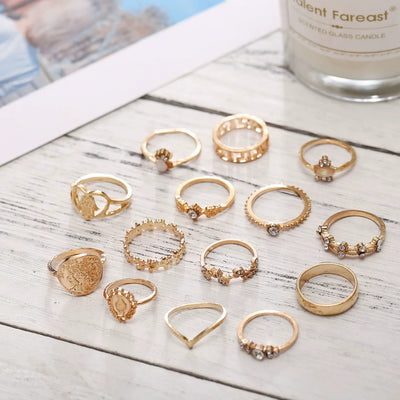 Vintage Retro Gold Coin Cross Pattern Diamond Ring Set 15 Pieces Thumbnail 4