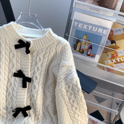 Autumn Retro Bow Knitted Cardigan Loose Fit Sweet Sweater Jacket Thumbnail 2