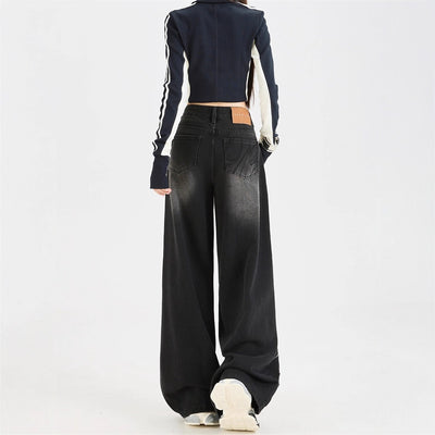 Dark Grey Wide Leg Denim Jeans Loose Straight Fit Casual Streetwear Style Thumbnail 3