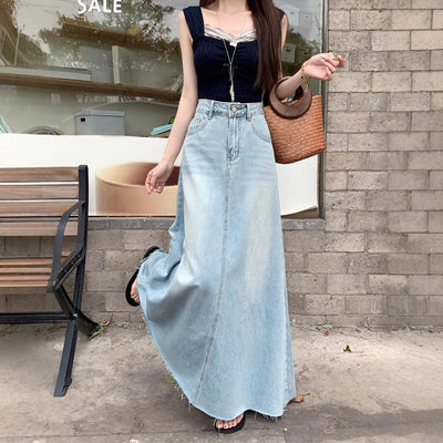 Retro Spring Long Denim Skirt American Style Plus Size A-Line Hip Accent Thumbnail 4