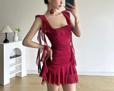 Red Ruffled Mesh Pleated Slip Dress with Streamers Thumbnail 4
