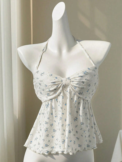 Sweet Floral Tie-Strap Vest Top with Built-In Cups Slim Fit Sleeveless Style Thumbnail 2