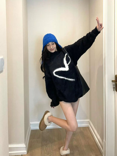 Knitted Demi-Season Black Sweater with Round Collar Oversized Fit Thumbnail 5
